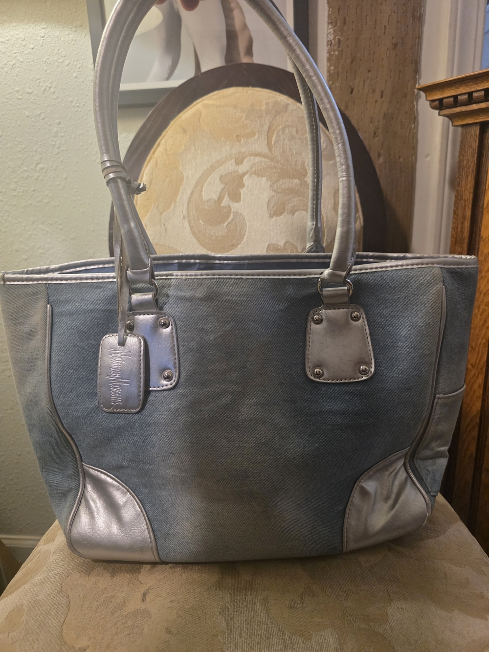 Neiman Marcus Blue Tote with Silver Trim